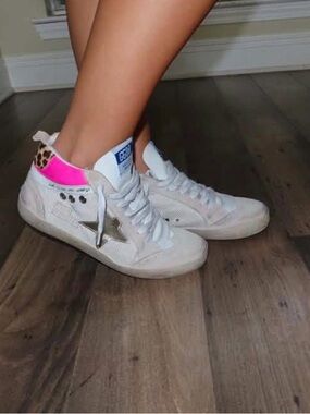 Golden Goose White Sneakers with Gold Star and Pink Leopard Heel